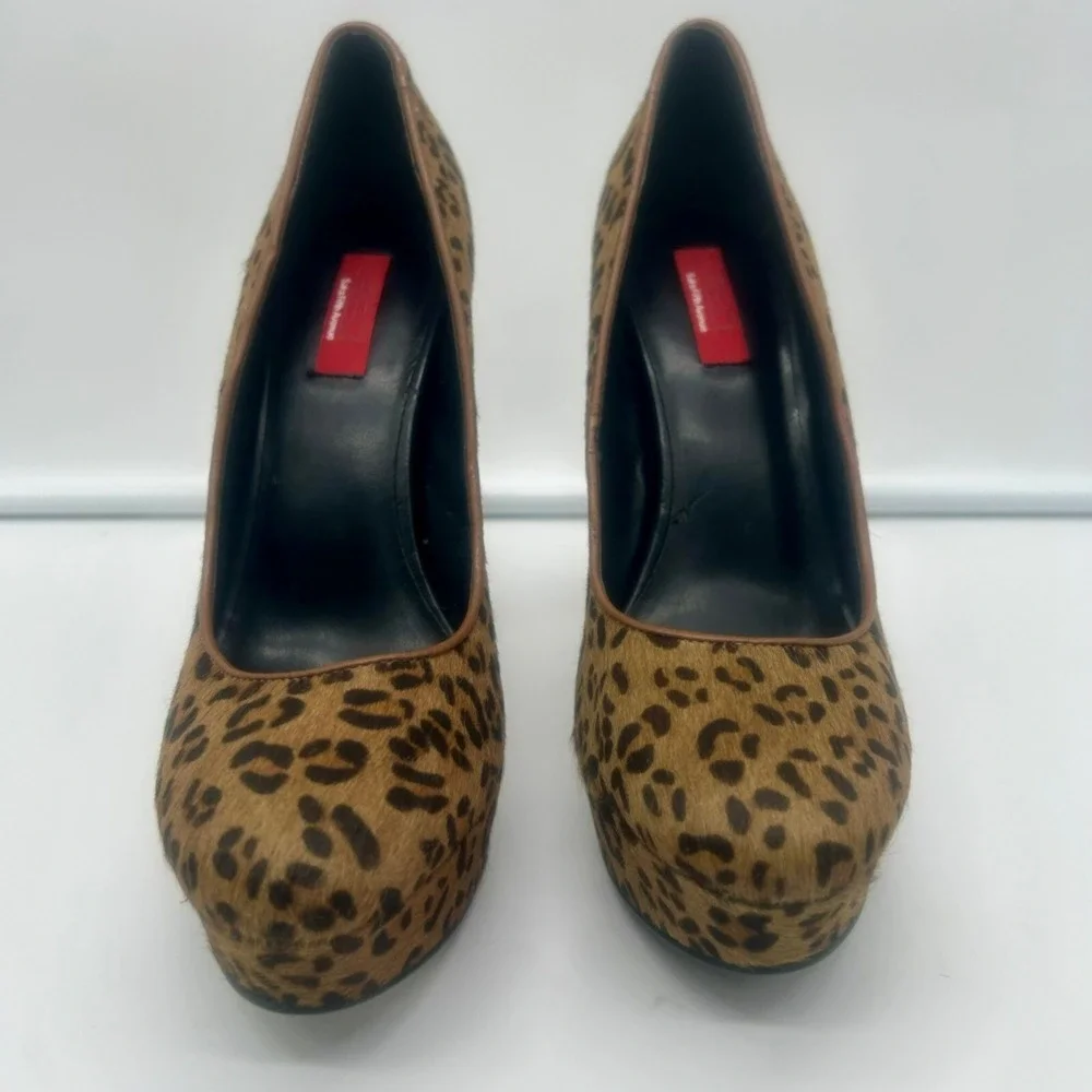 NEW Red Saks Fifth Avenue Ramona Platform Heels Women‎ 8.5 Dyed Calf Fur Leopard